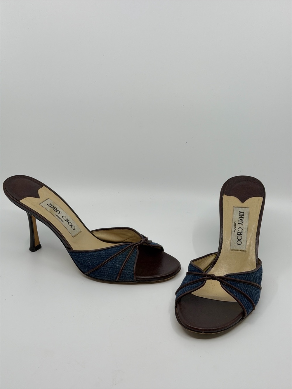 Jimmy Choo Vintage Denim and Brown Leather Slide Sandals